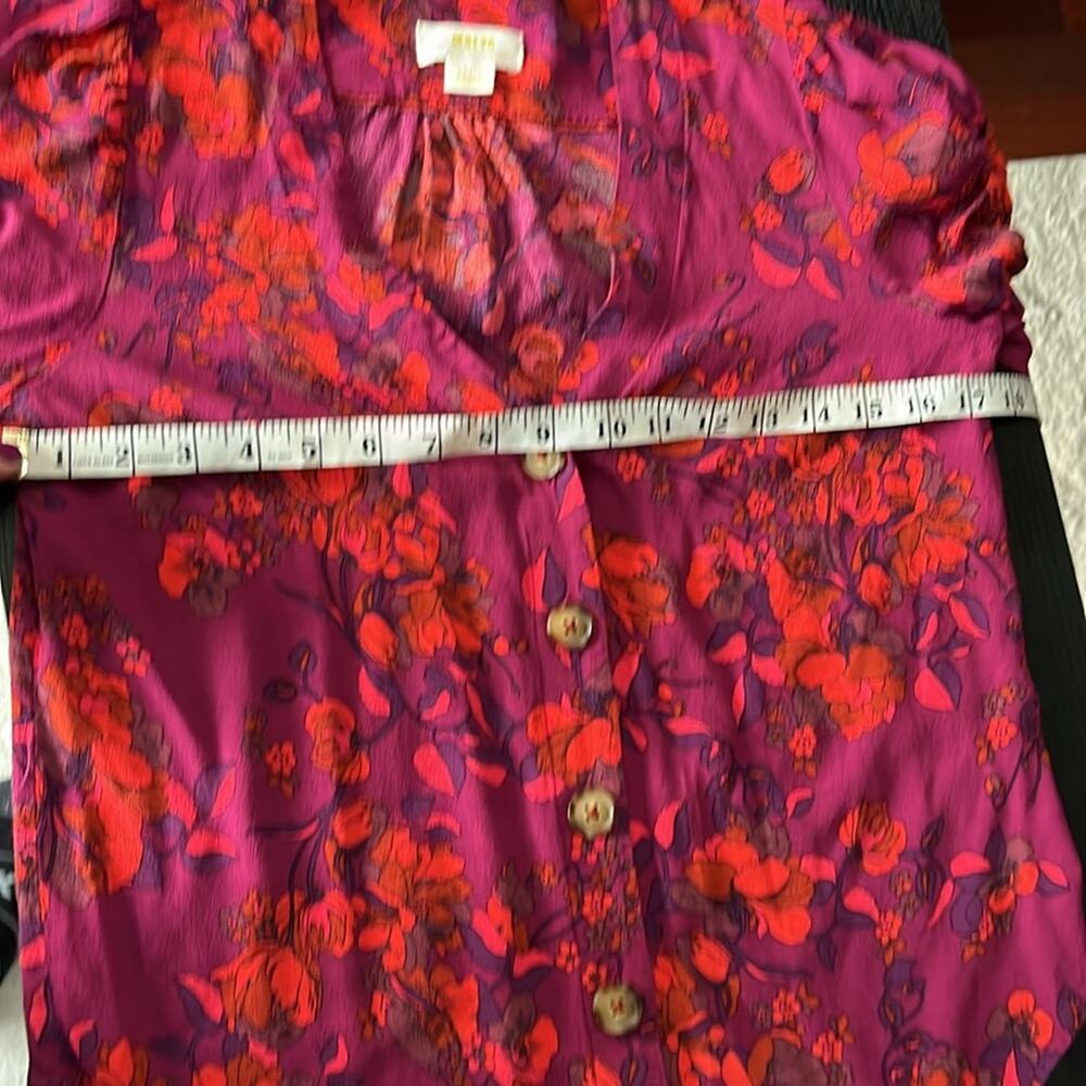 Maeve Anthropologie Vibrant Floral V-Neck Ruched Sleeve Top - Picture 4 of 7